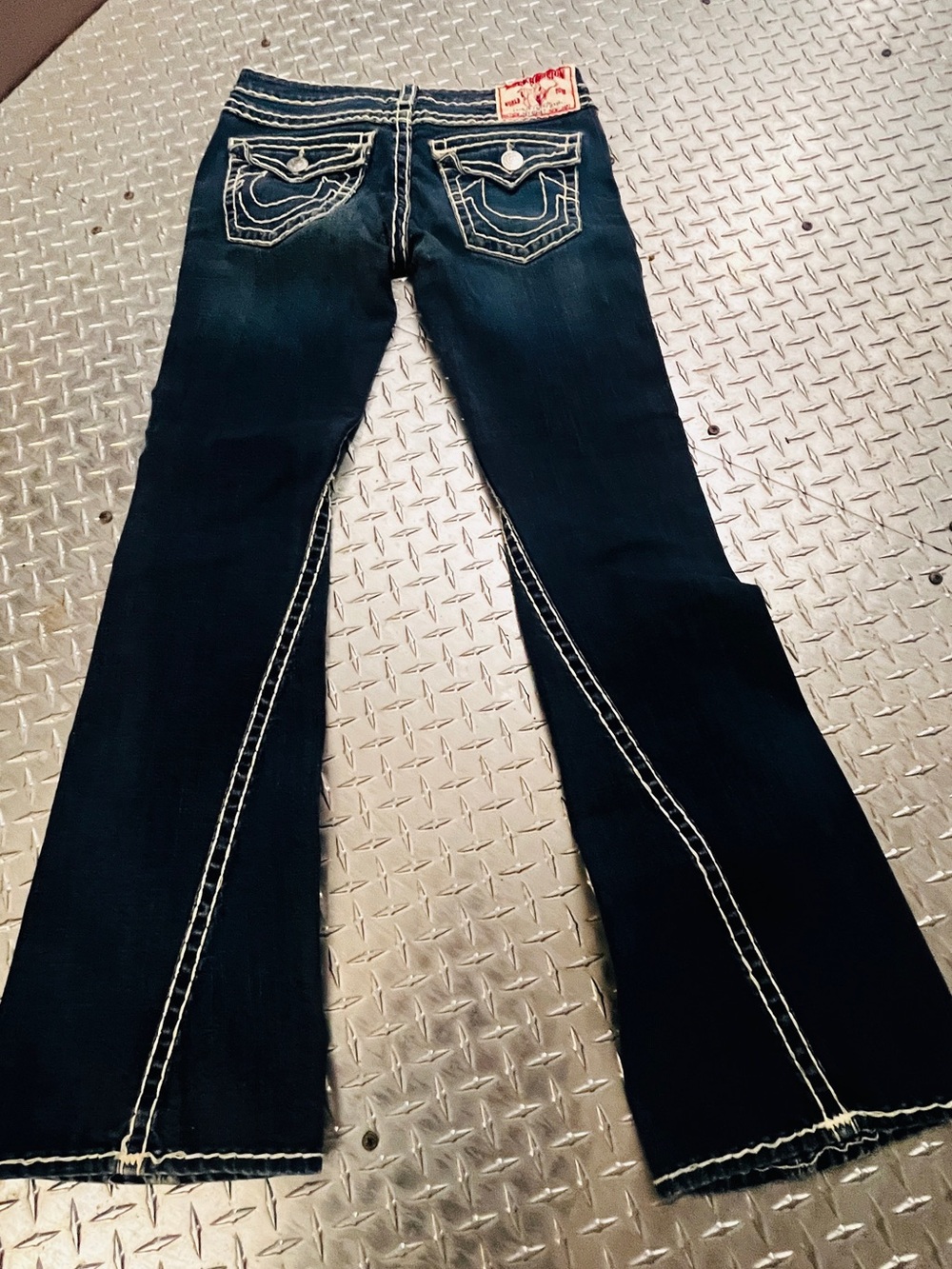 True Religion Dark Blue Flare Jeans with White Contrast Stitching